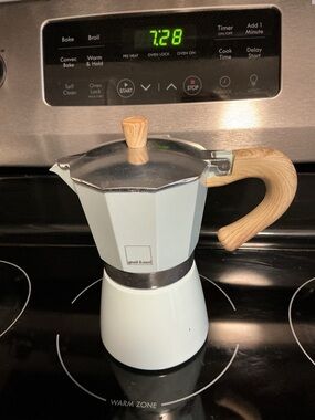 Stovetop Espresso Maker with Light Blue Finish and Stainless Filter